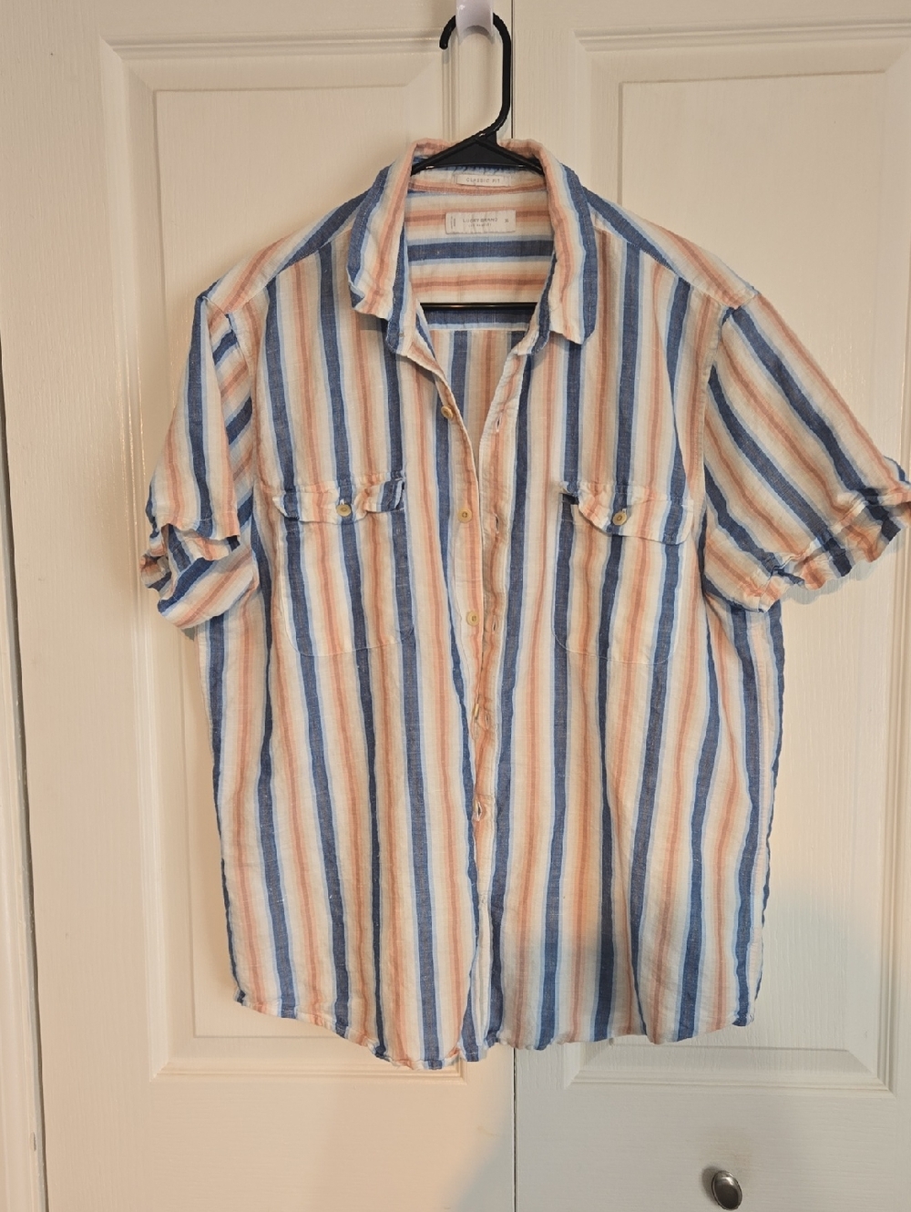 Lucky Brand Men's XL Short-Sleeve Button-Up Shirt - Blue & Peach Stripes